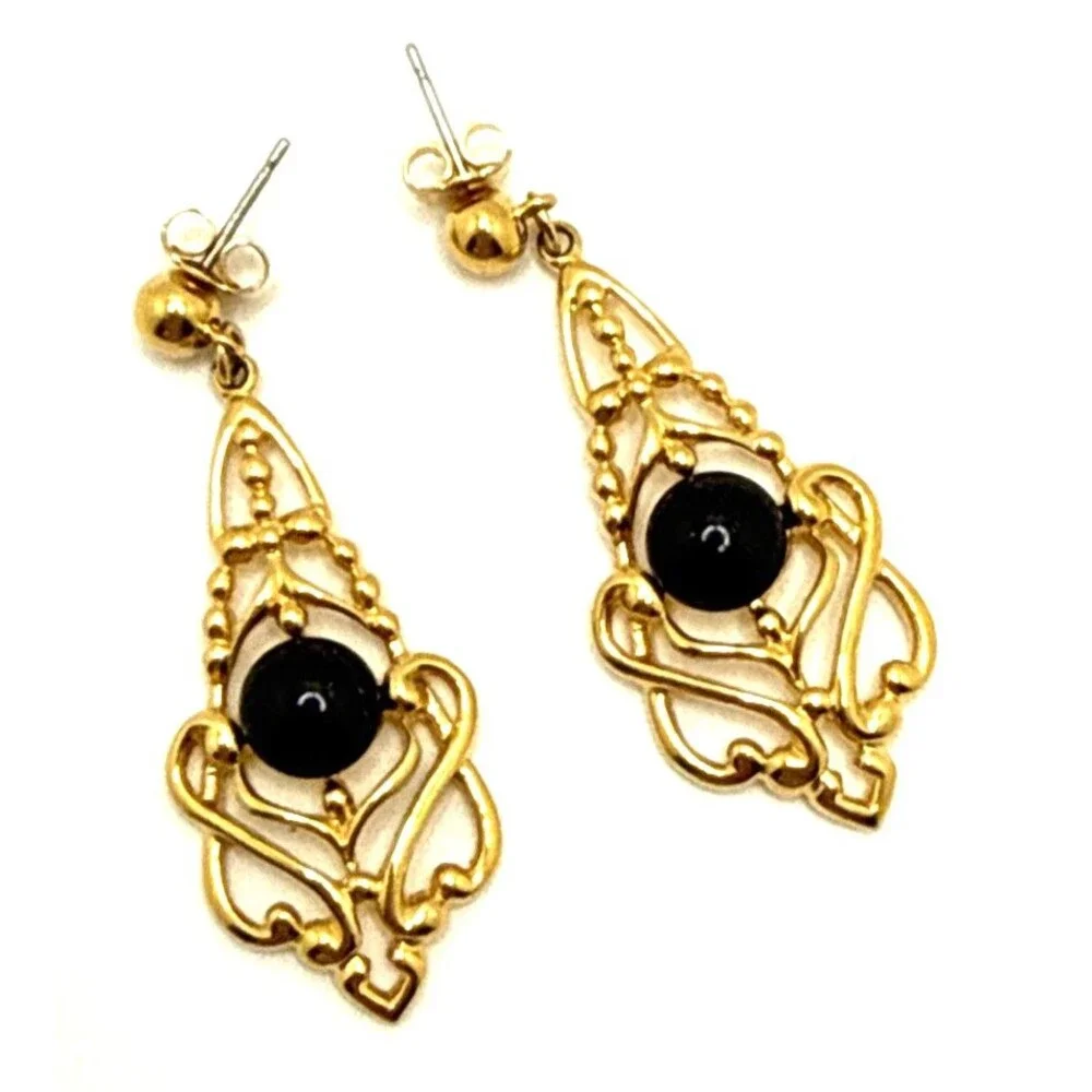 Vintage AVON 1991 GENTLE DRAMA Earrings Gold Tone Black Accent Victorian Style